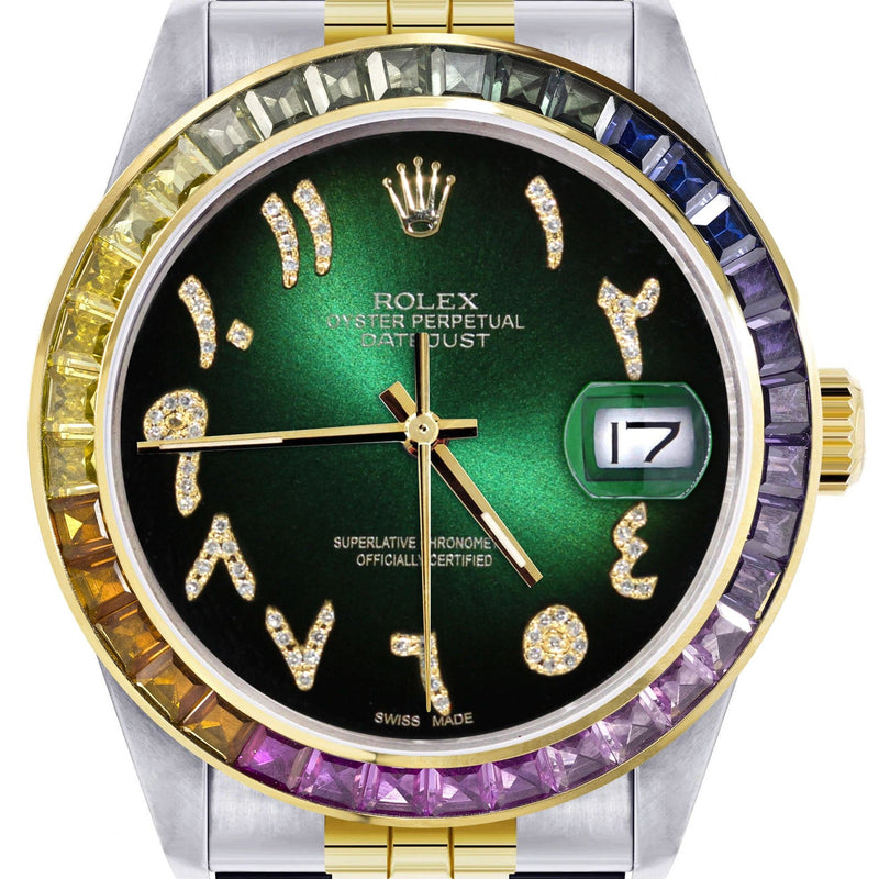 Diamond Gold Rolex Watch For Men 16233 | 36Mm | Rainbow Sapphire Bezel | Diamond Green Black Arabic Numeral Dial | Jubilee Band
