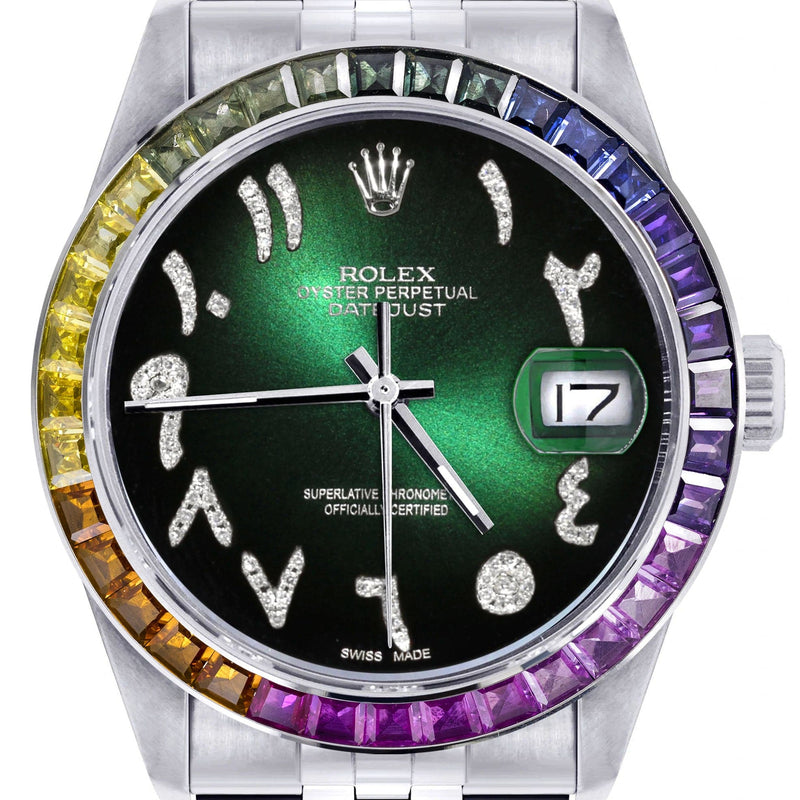 Diamond Gold Rolex Watch For Men 16200 | 36Mm | Rainbow Sapphire Bezel | Green Black Arabic Numeral Dial | Jubilee Band