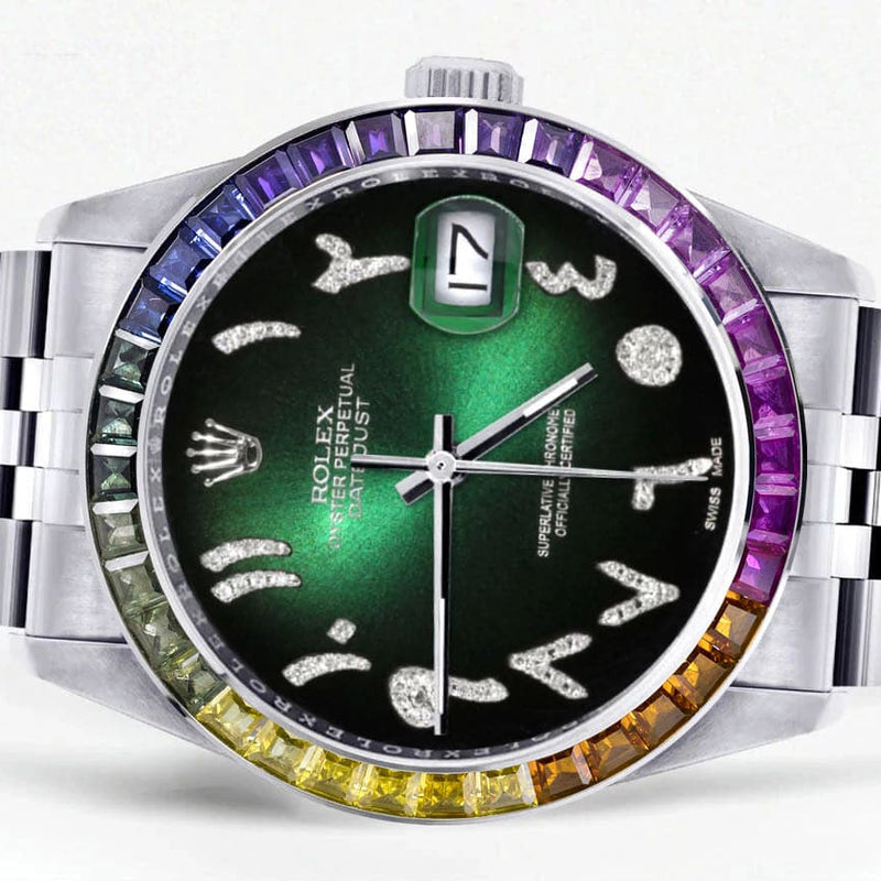 Diamond Gold Rolex Watch For Men 16200 | 36Mm | Rainbow Sapphire Bezel | Green Black Arabic Numeral Dial | Jubilee Band
