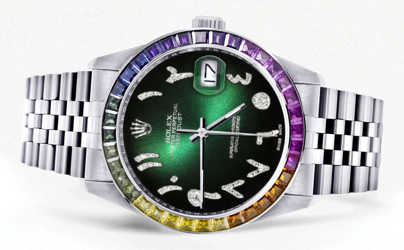 Diamond Gold Rolex Watch For Men 16200 | 36Mm | Rainbow Sapphire Bezel | Green Black Arabic Numeral Dial | Jubilee Band