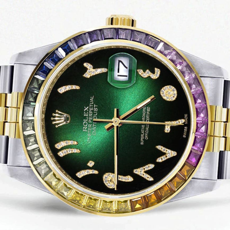 Diamond Gold Rolex Watch For Men 16233 | 36Mm | Rainbow Sapphire Bezel | Diamond Green Black Arabic Numeral Dial | Jubilee Band