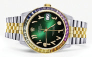 Diamond Gold Rolex Watch For Men 16233 | 36Mm | Rainbow Sapphire Bezel | Diamond Green Black Arabic Numeral Dial | Jubilee Band
