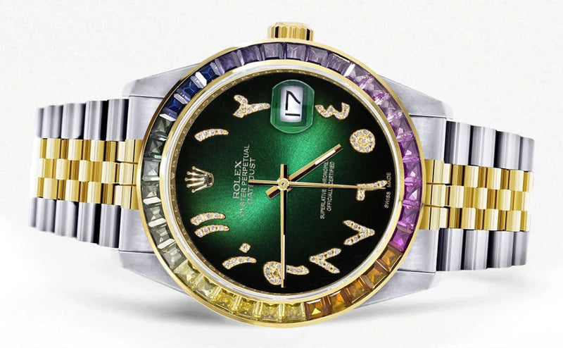 Diamond Gold Rolex Watch For Men 16233 | 36Mm | Rainbow Sapphire Bezel | Diamond Green Black Arabic Numeral Dial | Jubilee Band