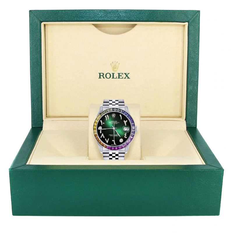 Diamond Gold Rolex Watch For Men 16200 | 36Mm | Rainbow Sapphire Bezel | Green Black Arabic Numeral Dial | Jubilee Band