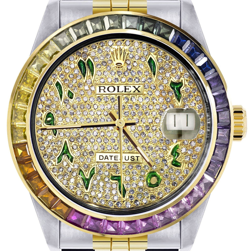 Diamond Gold Rolex Watch For Men 16233 | 36Mm | Rainbow Sapphire Bezel | Iced Out Green Arabic Numeral Dial | Jubilee Band