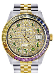 Diamond Gold Rolex Watch For Men 16233 | 36Mm | Rainbow Sapphire Bezel | Iced Out Green Arabic Numeral Dial | Jubilee Band