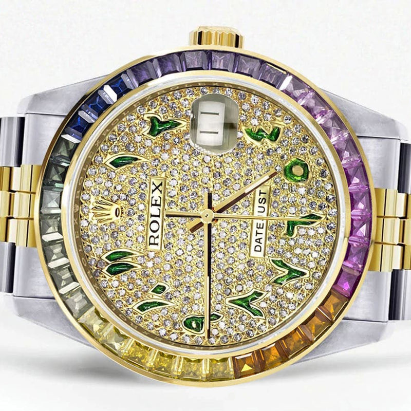 Diamond Gold Rolex Watch For Men 16233 | 36Mm | Rainbow Sapphire Bezel | Iced Out Green Arabic Numeral Dial | Jubilee Band