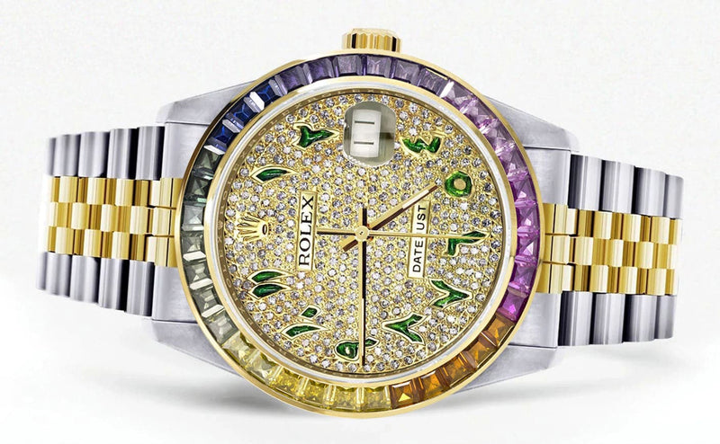 Diamond Gold Rolex Watch For Men 16233 | 36Mm | Rainbow Sapphire Bezel | Iced Out Green Arabic Numeral Dial | Jubilee Band
