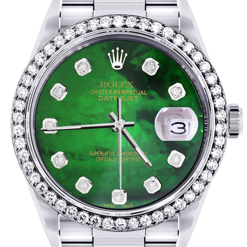 Diamond Mens Rolex Datejust Watch 16200 | 36Mm | Green Diamond Mother Of Pearl Dial | Oyster Band