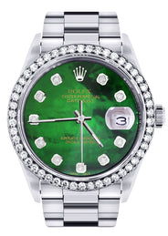 Diamond Mens Rolex Datejust Watch 16200 | 36Mm | Green Diamond Mother Of Pearl Dial | Oyster Band