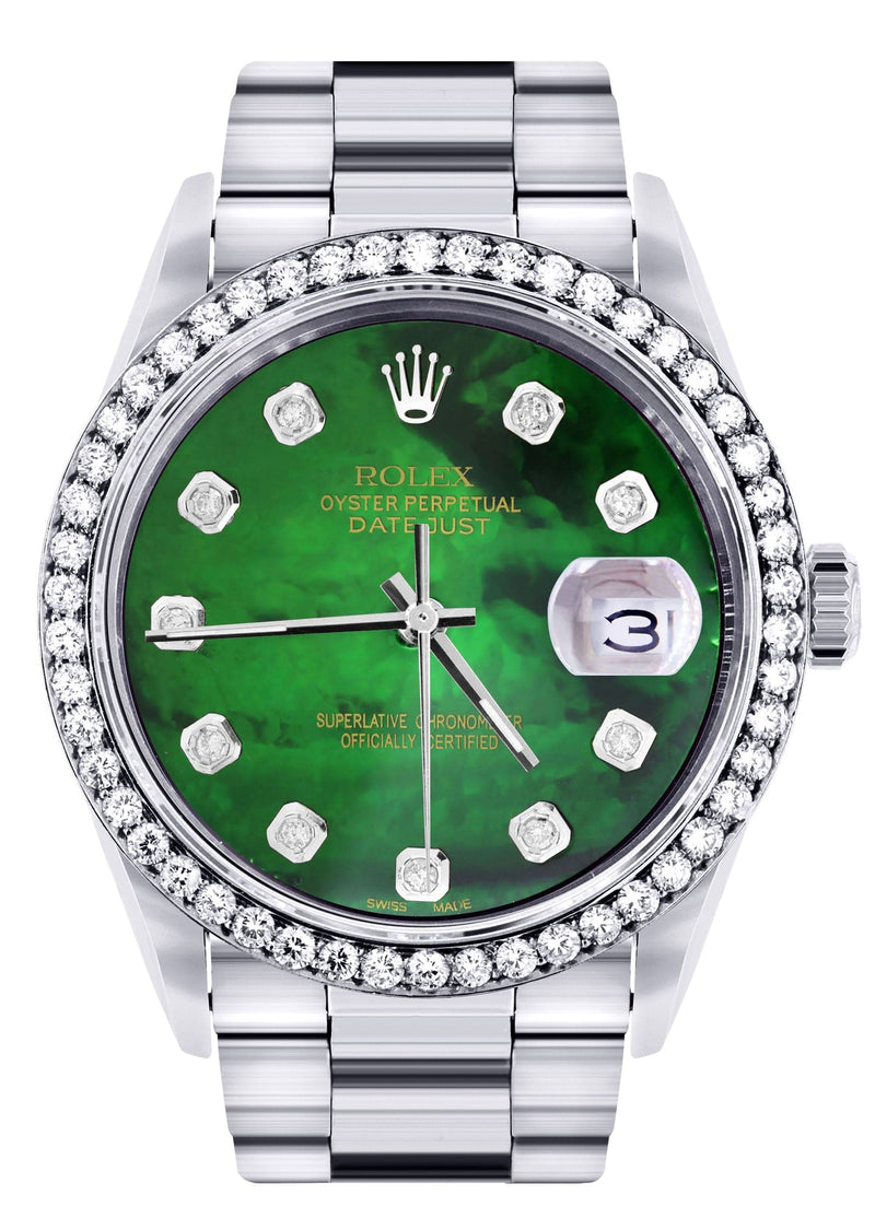 Diamond Mens Rolex Datejust Watch 16200 | 36Mm | Green Diamond Mother Of Pearl Dial | Oyster Band
