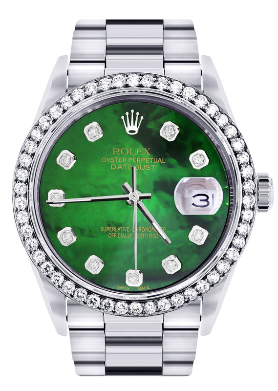 Diamond Mens Rolex Datejust Watch 16200 | 36Mm | Green Diamond Mother Of Pearl Dial | Oyster Band