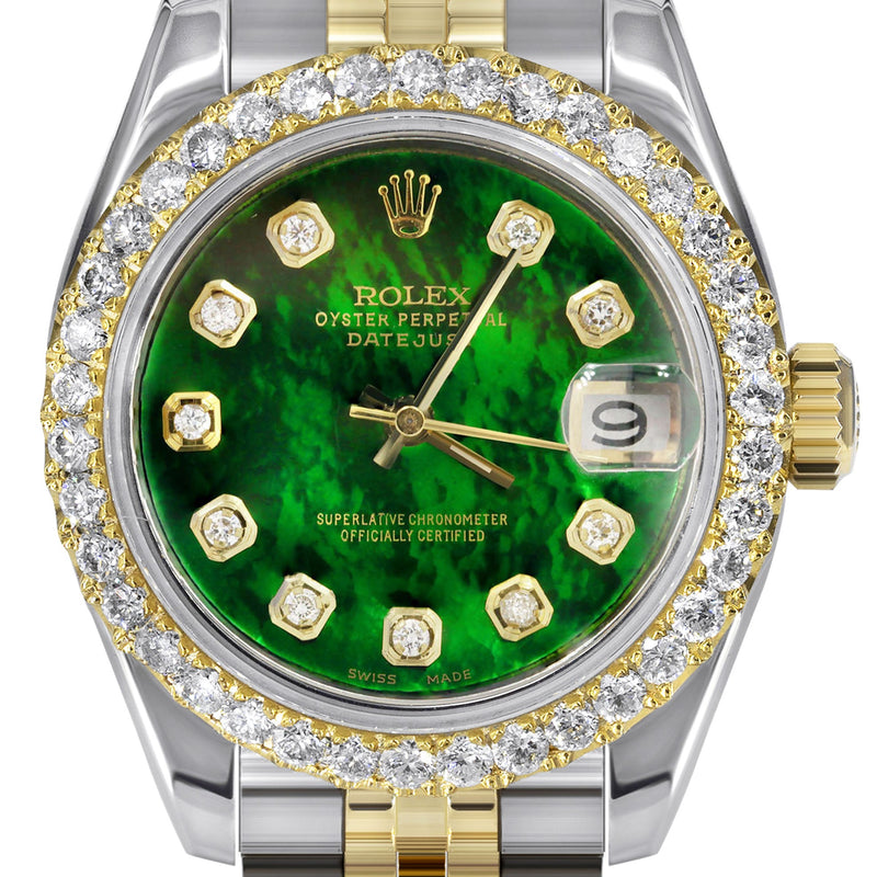 Womens Diamond Gold Hidden Clasp Rolex Watch | 1 Carat Bezel | 26Mm | Green Mother of Pearl Dial | Jubilee Band | Model 179173