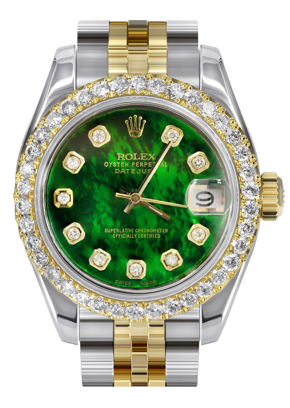 Womens Diamond Gold Hidden Clasp Rolex Watch | 1 Carat Bezel | 26Mm | Green Mother of Pearl Dial | Jubilee Band | Model 179173
