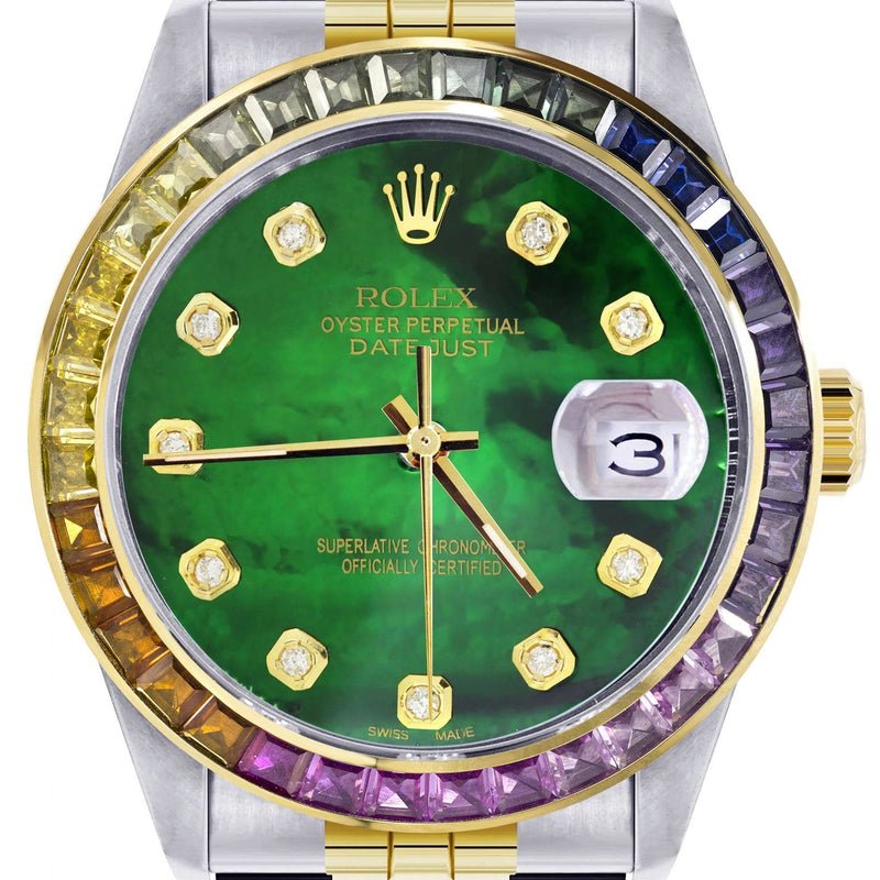 Diamond Gold Rolex Watch For Men 16233 | 36Mm | Rainbow Sapphire Bezel | Green Mother Of Pearl Dial | Jubilee Band