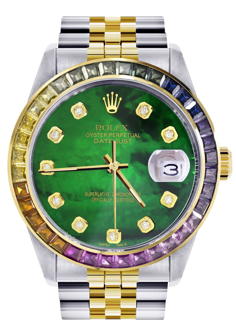 Diamond Gold Rolex Watch For Men 16233 | 36Mm | Rainbow Sapphire Bezel | Green Mother Of Pearl Dial | Jubilee Band