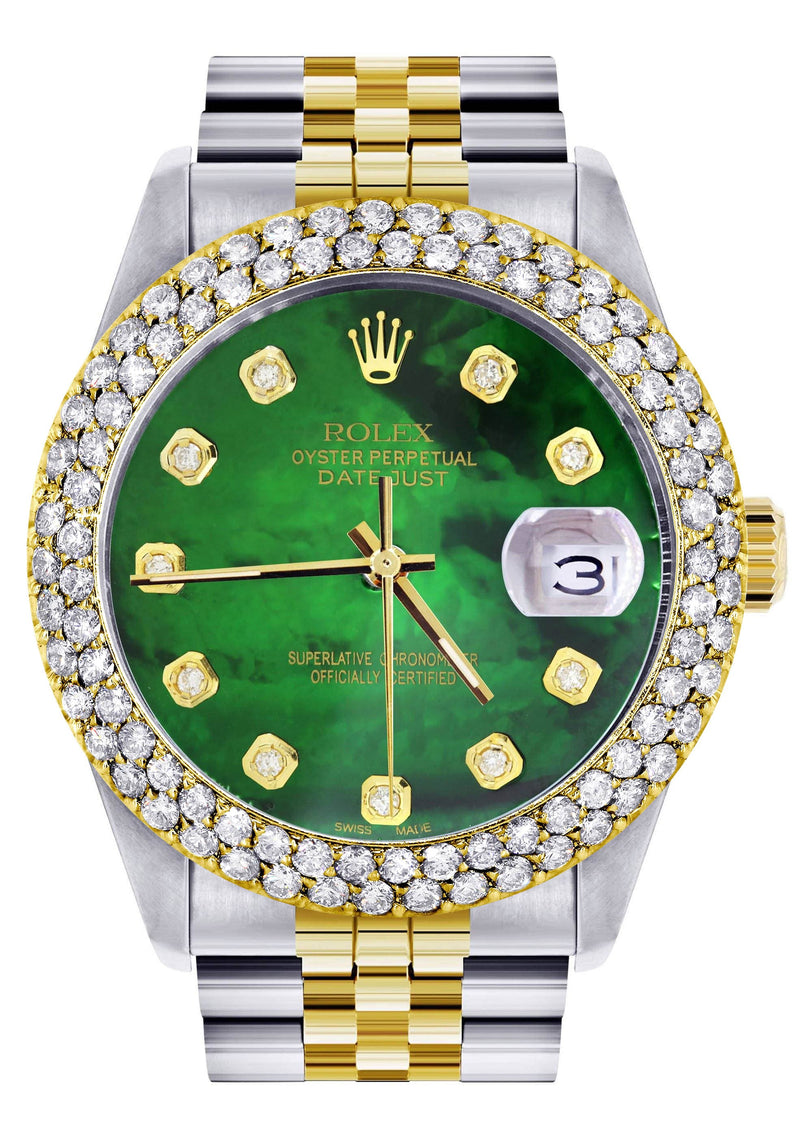 Diamond Gold Rolex Watch For Men 16233 | 36Mm | Green Mother of Pearl Dial | Two Row 4.25 Carat Bezel | Jubilee Band