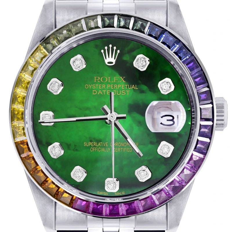 Diamond Gold Rolex Watch For Men 16200 | 36Mm | Rainbow Sapphire Bezel | Green Mother Of Pearl Dial | Jubilee Band