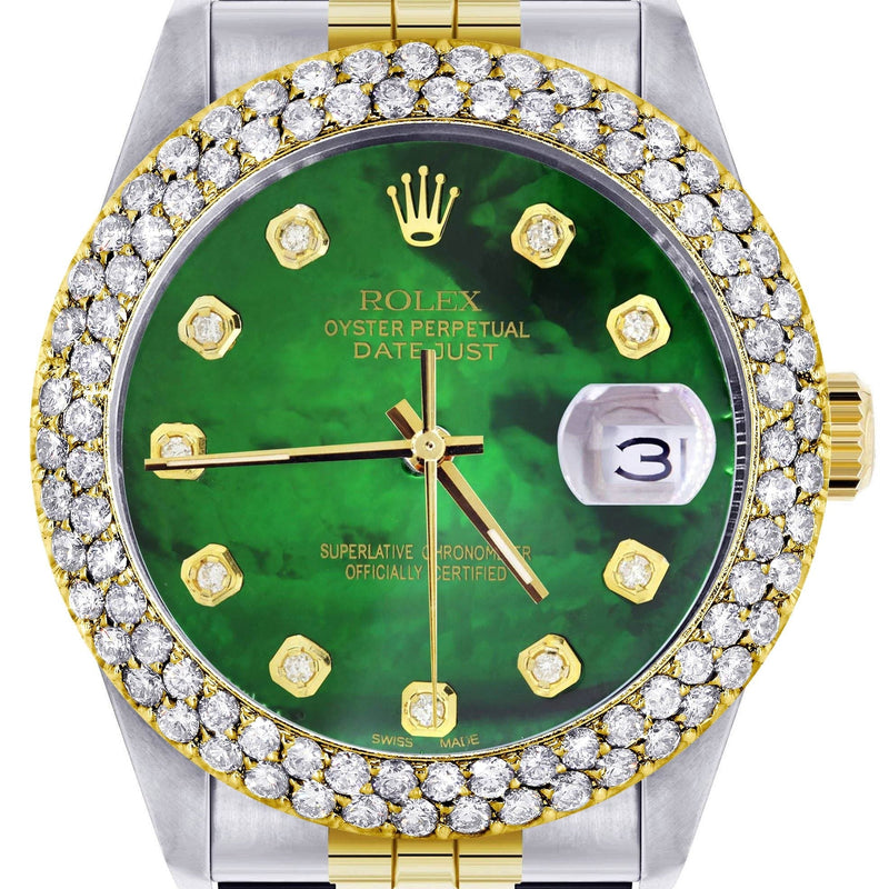 Diamond Gold Rolex Watch For Men 16233 | 36Mm | Green Mother of Pearl Dial | Two Row 4.25 Carat Bezel | Jubilee Band