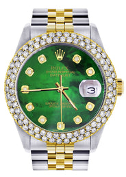 Diamond Gold Rolex Watch For Men 16233 | 36Mm | Green Mother of Pearl Dial | Two Row 4.25 Carat Bezel | Jubilee Band