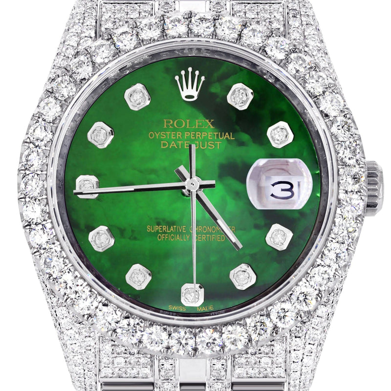 Iced Out Rolex Datejust 36 MM | Stainless Steel | 16.5 Carats of Diamonds | Green Mother of Pearl Diamond Dial | Jubilee Band | Model 116200