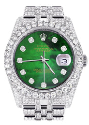 Iced Out Rolex Datejust 36 MM | Stainless Steel | 16.5 Carats of Diamonds | Green Mother of Pearl Diamond Dial | Jubilee Band | Model 116200