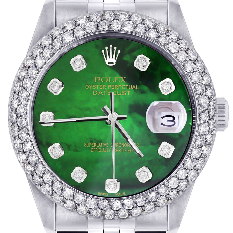 Mens Rolex Datejust Watch 16200 | 36Mm | Green Mother of Pearl Dial | Two Row 4.25 Carat Bezel | Jubilee Band