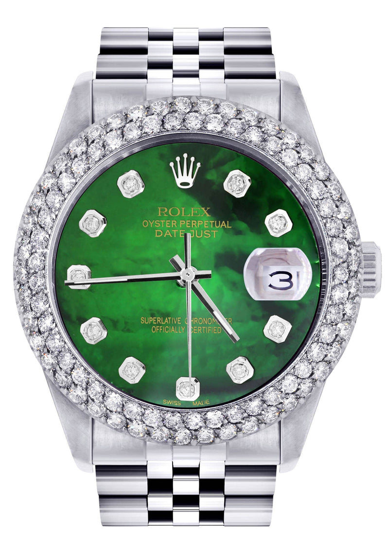 Mens Rolex Datejust Watch 16200 | 36Mm | Green Mother of Pearl Dial | Two Row 4.25 Carat Bezel | Jubilee Band