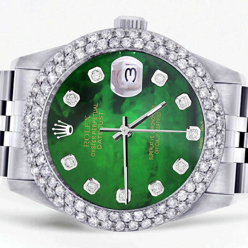 Womens Rolex Datejust Watch 16200 | 36Mm | Green Mother of Pearl Dial | Two Row 4.25 Carat Bezel | Jubilee Band