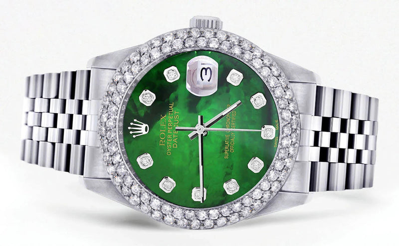 Womens Rolex Datejust Watch 16200 | 36Mm | Green Mother of Pearl Dial | Two Row 4.25 Carat Bezel | Jubilee Band