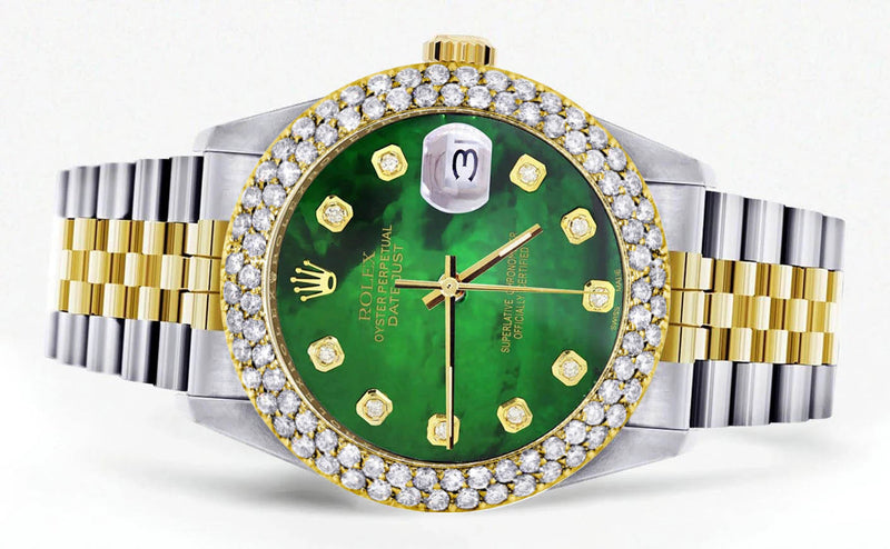 Diamond Gold Rolex Watch For Men 16233 | 36Mm | Green Mother of Pearl Dial | Two Row 4.25 Carat Bezel | Jubilee Band