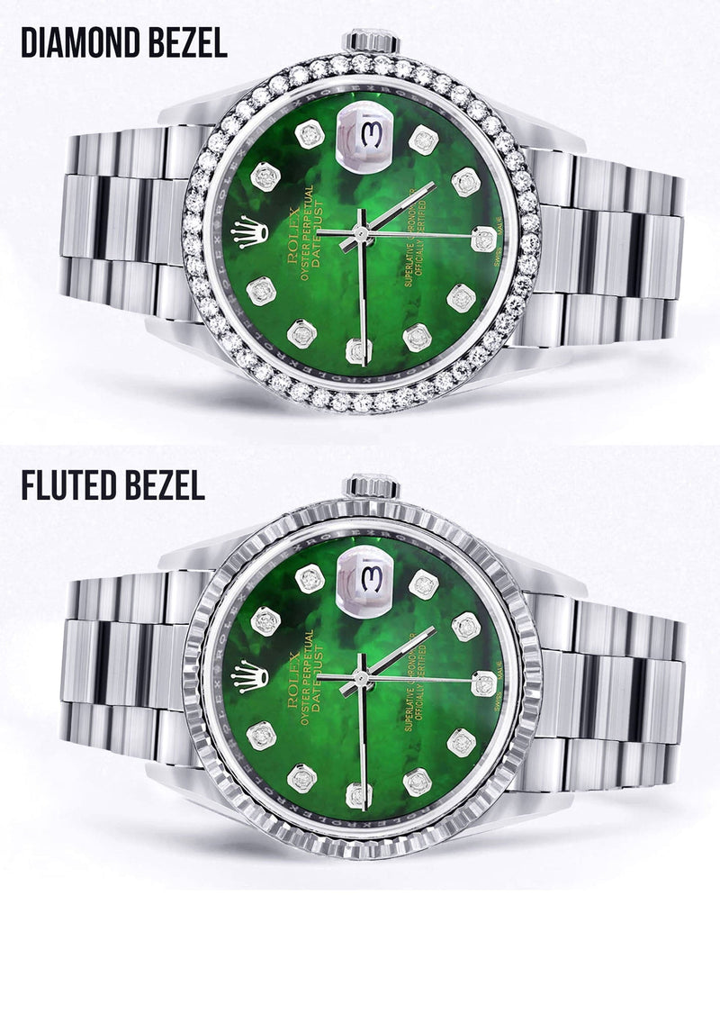 Diamond Mens Rolex Datejust Watch 16200 | 36Mm | Green Diamond Mother Of Pearl Dial | Oyster Band