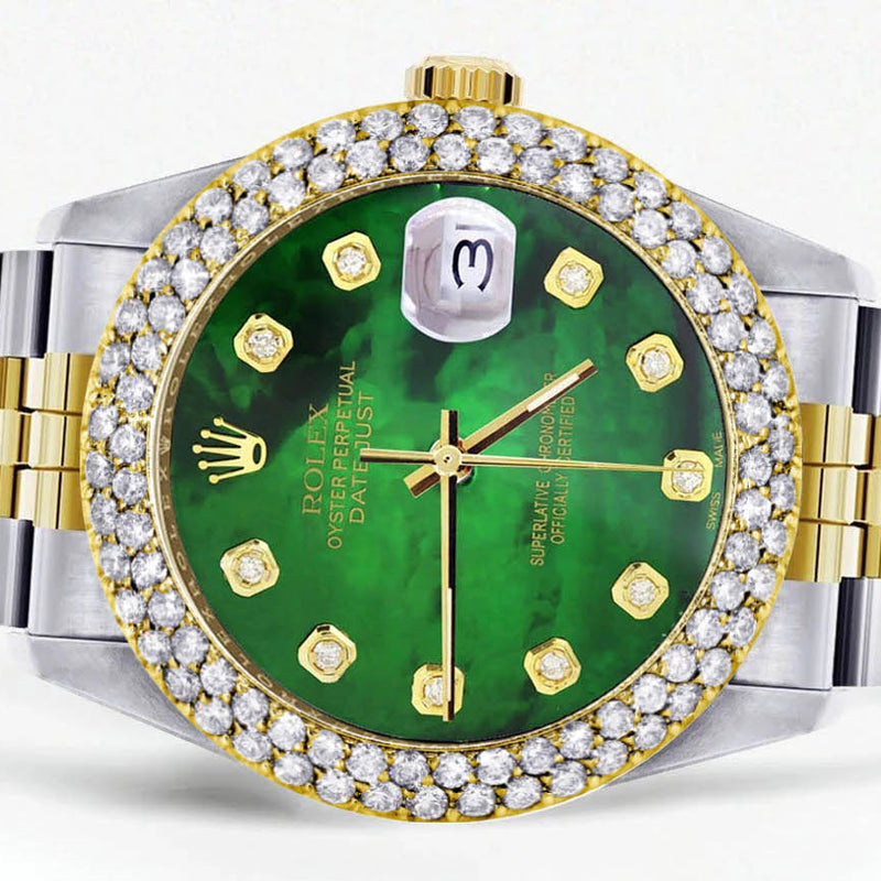 Diamond Gold Rolex Watch For Women 16233 | 36Mm | Green Mother of Pearl Dial | Two Row 4.25 Carat Bezel | Jubilee Band