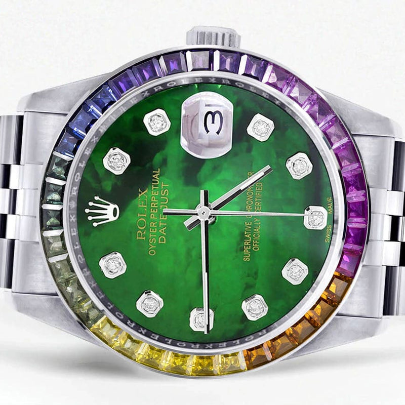 Diamond Gold Rolex Watch For Men 16200 | 36Mm | Rainbow Sapphire Bezel | Green Mother Of Pearl Dial | Jubilee Band