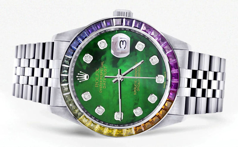 Diamond Gold Rolex Watch For Men 16200 | 36Mm | Rainbow Sapphire Bezel | Green Mother Of Pearl Dial | Jubilee Band