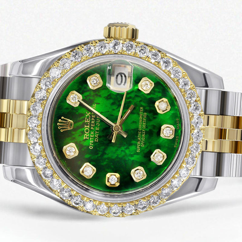 Womens Diamond Gold Hidden Clasp Rolex Watch | 1 Carat Bezel | 26Mm | Green Mother of Pearl Dial | Jubilee Band | Model 179173