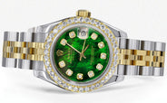 Womens Diamond Gold Hidden Clasp Rolex Watch | 1 Carat Bezel | 26Mm | Green Mother of Pearl Dial | Jubilee Band | Model 179173