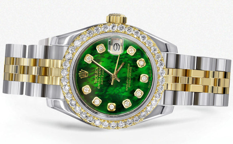 Womens Diamond Gold Hidden Clasp Rolex Watch | 1 Carat Bezel | 26Mm | Green Mother of Pearl Dial | Jubilee Band | Model 179173