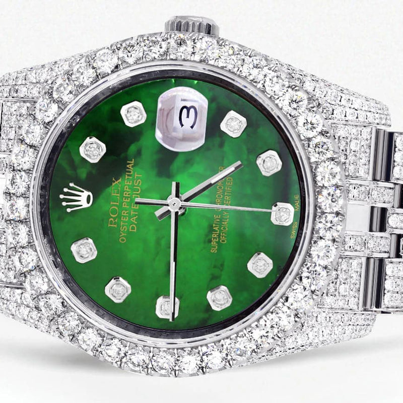 Iced Out Rolex Datejust 36 MM | Stainless Steel | 16.5 Carats of Diamonds | Green Mother of Pearl Diamond Dial | Jubilee Band | Model 116200