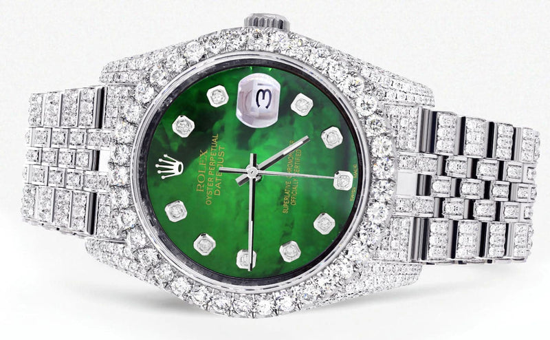 Iced Out Rolex Datejust 36 MM | Stainless Steel | 16.5 Carats of Diamonds | Green Mother of Pearl Diamond Dial | Jubilee Band | Model 116200