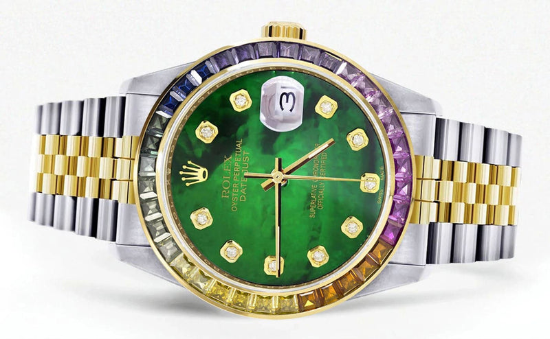 Diamond Gold Rolex Watch For Men 16233 | 36Mm | Rainbow Sapphire Bezel | Green Mother Of Pearl Dial | Jubilee Band