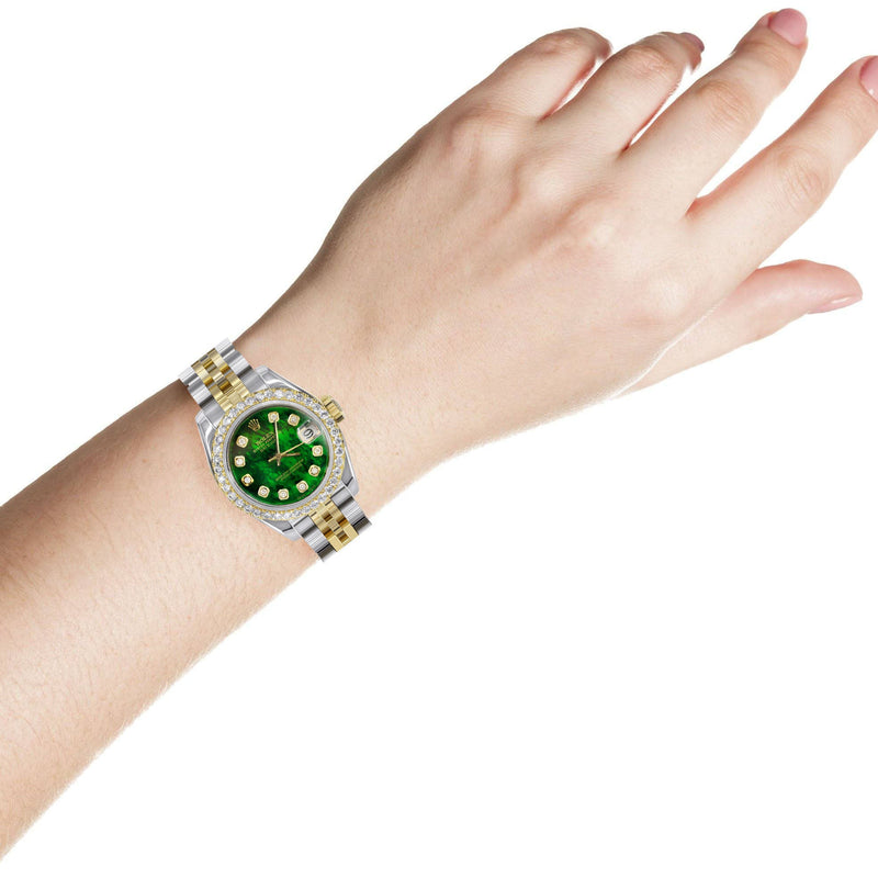 Womens Diamond Gold Hidden Clasp Rolex Watch | 1 Carat Bezel | 26Mm | Green Mother of Pearl Dial | Jubilee Band | Model 179173