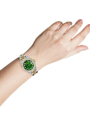 Womens Diamond Gold Hidden Clasp Rolex Watch | 1 Carat Bezel | 26Mm | Green Mother of Pearl Dial | Jubilee Band | Model 179173