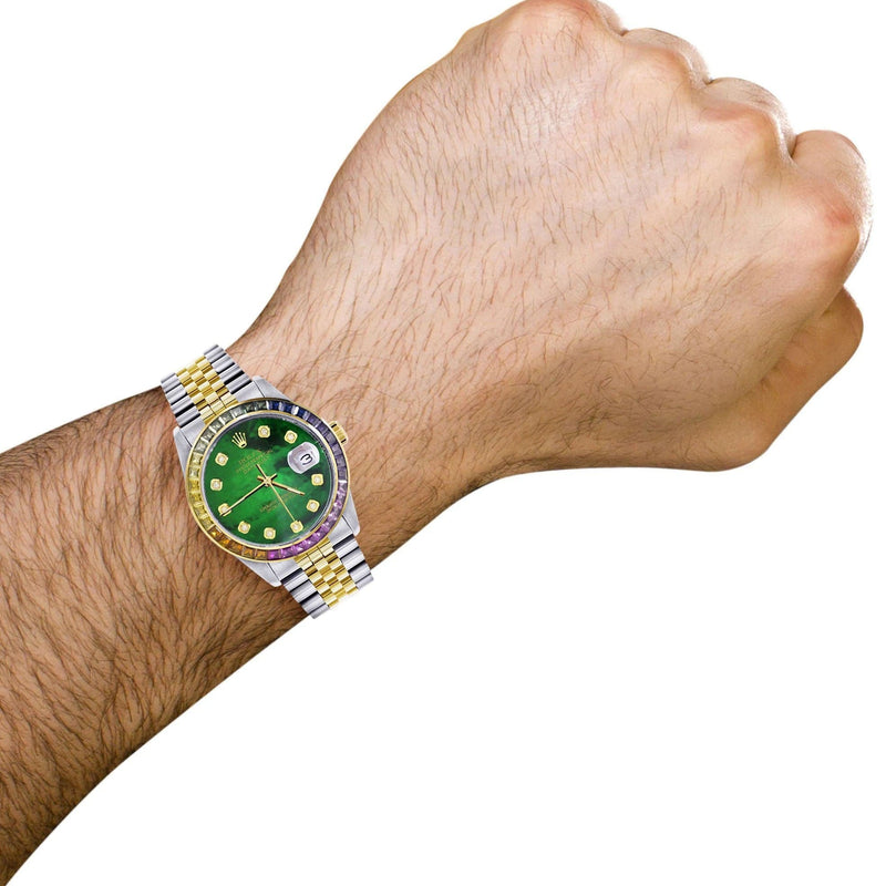 Diamond Gold Rolex Watch For Men 16233 | 36Mm | Rainbow Sapphire Bezel | Green Mother Of Pearl Dial | Jubilee Band