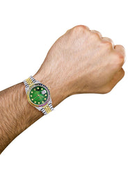 Diamond Gold Rolex Watch For Men 16233 | 36Mm | Rainbow Sapphire Bezel | Green Mother Of Pearl Dial | Jubilee Band