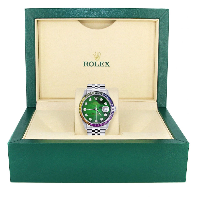 Diamond Gold Rolex Watch For Men 16200 | 36Mm | Rainbow Sapphire Bezel | Green Mother Of Pearl Dial | Jubilee Band