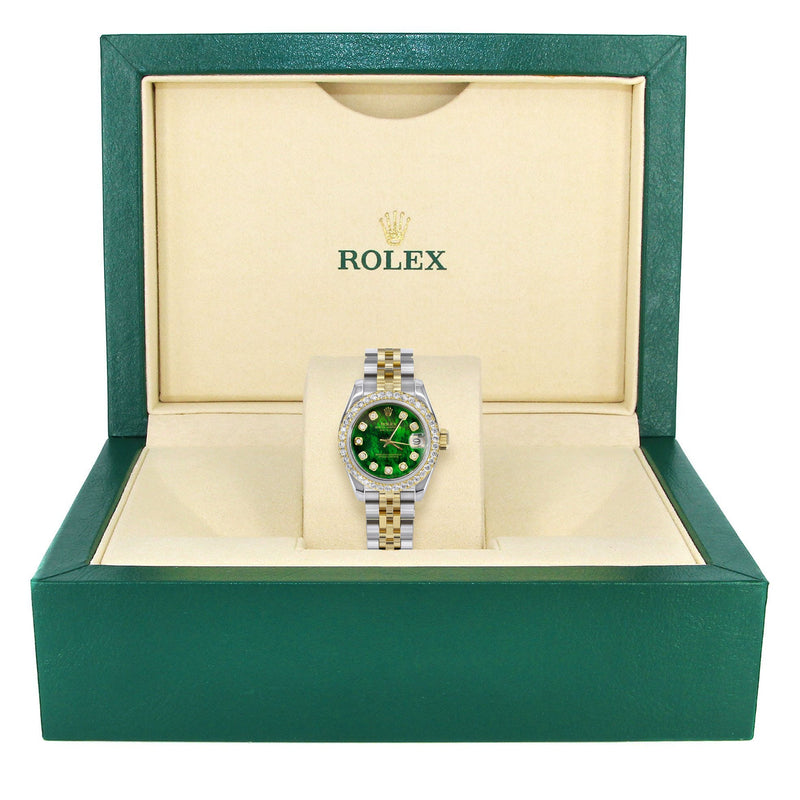 Womens Diamond Gold Hidden Clasp Rolex Watch | 1 Carat Bezel | 26Mm | Green Mother of Pearl Dial | Jubilee Band | Model 179173