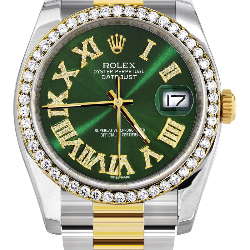 116233 | Gold & Steel Rolex Datejust Watch | 36Mm | Green Roman Diamond Dial | Oyster Band