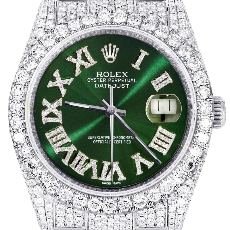 Iced Out Rolex Datejust 36 MM | Stainless Steel | 16.5 Carats of Diamonds | Green Roman Diamond Dial | Oyster Band | Model 116200