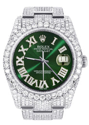 Iced Out Rolex Datejust 36 MM | Stainless Steel | 16.5 Carats of Diamonds | Green Roman Diamond Dial | Oyster Band | Model 116200